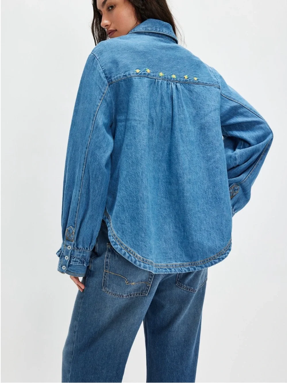 Free People Robin Pintuck Denim Shirt Pleated Ruffle Cuffs Light Wash M NWT